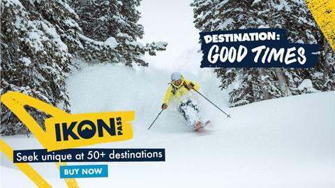 Skier going through powder. Copy reads: Destination: Good Times. Seek unique at 50+ destinations. CTA: Buy Now